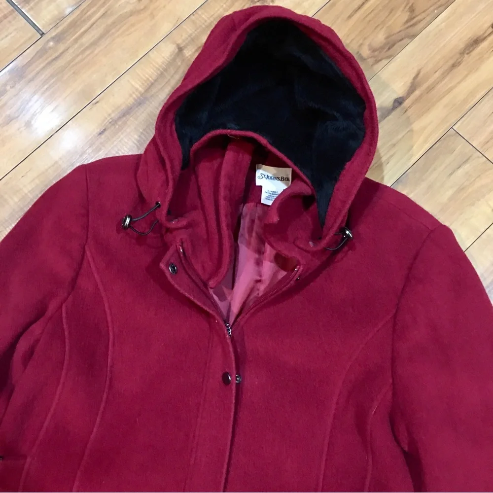 St Johns Bay cashmere red lined winter jacket pea coat wool preppy large XL - Picture 2 of 9